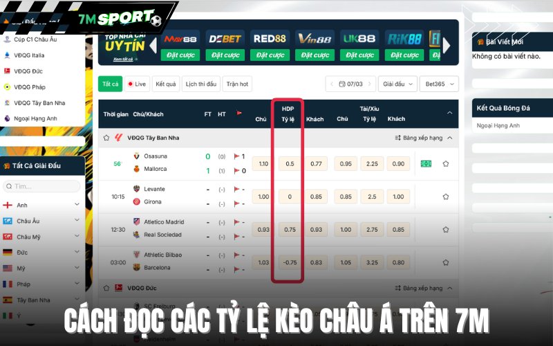 Cách đọc các tỷ lệ kèo châu Á trên 7M